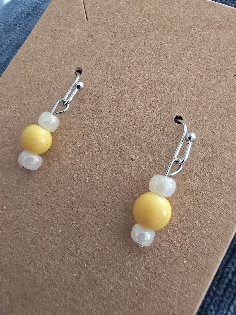 Handmade Yellow & White Beaded Dangle Earrings Simple Dainty Chic Jewelry